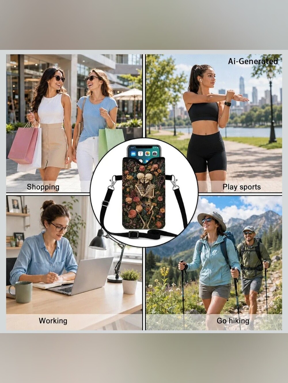 Floral Skeleton Crossbody Phone Pouch - Black Strap - Picture 6 of 6